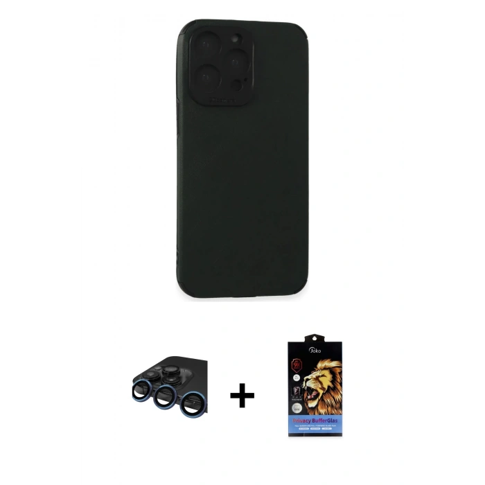 MARSİLYAN™- iPhone 15 Pro Max Kılıf Doruk Asil Koleksiyonu - Siyah Buffer Hayalet Cam Ekran Koruyucu + Raze Metal Kamera Lens - LT