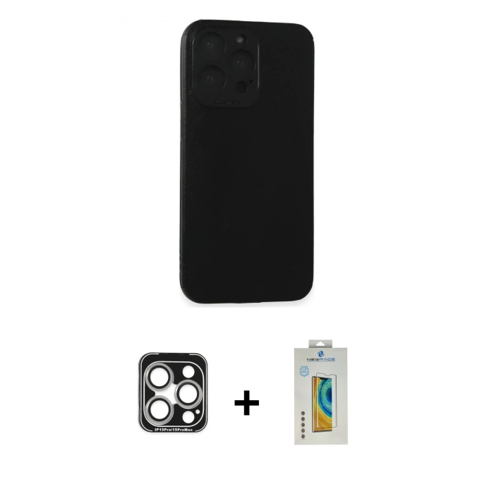MARSİLYAN™- iPhone 15 Pro Max Kılıf Doruk Asil Koleksiyonu - Siyah Polymer Nano Ekran Koruyucu + PVD Metal Kamera Lens - GS