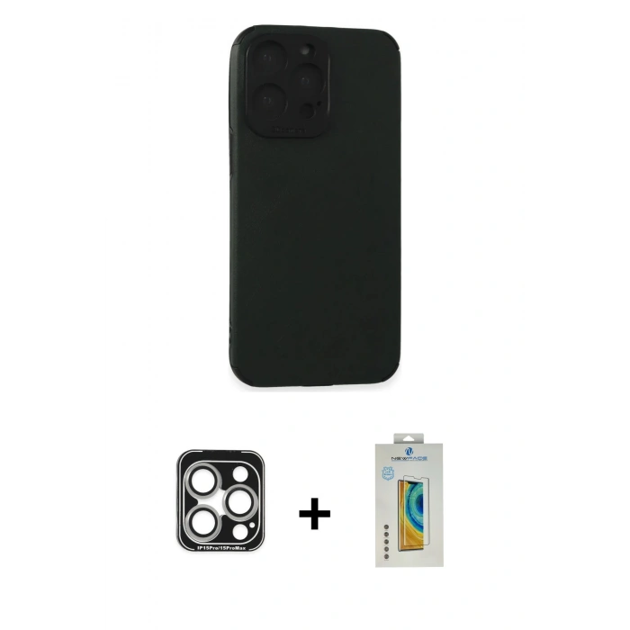MARSİLYAN™- iPhone 15 Pro Max Kılıf Doruk Asil Koleksiyonu - Siyah Polymer Nano Ekran Koruyucu + PVD Metal Kamera Lens - GS