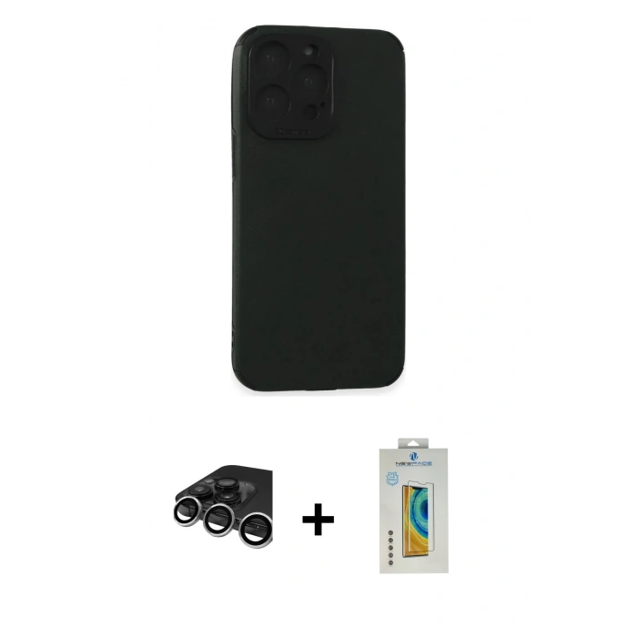 MARSİLYAN™- iPhone 15 Pro Max Kılıf Doruk Asil Koleksiyonu - Siyah Polymer Nano Ekran Koruyucu + Raze Metal Kamera Lens - GS
