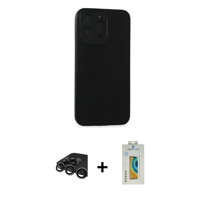 MARSİLYAN™- iPhone 15 Pro Max Kılıf Doruk Asil Koleksiyonu - Siyah Polymer Nano Ekran Koruyucu + Raze Metal Kamera Lens - TMGI