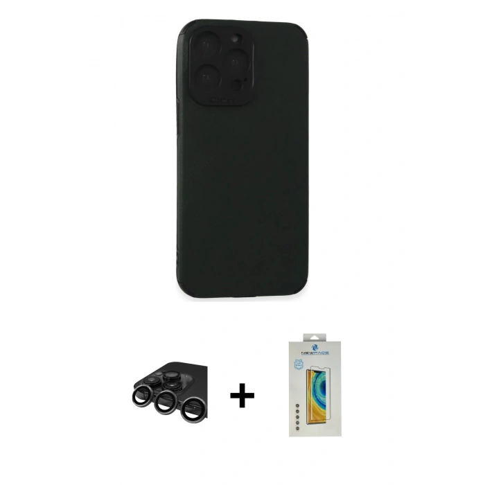 MARSİLYAN™- iPhone 15 Pro Max Kılıf Doruk Asil Koleksiyonu - Siyah Polymer Nano Ekran Koruyucu + Raze Metal Kamera Lens - TMGI