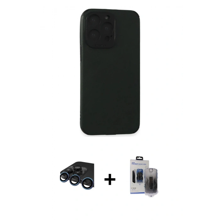MARSİLYAN™- iPhone 15 Pro Max Kılıf Doruk Asil Koleksiyonu - Siyah Vanessa Magic Hayalet Cam + Raze Metal Kamera Lens - LT