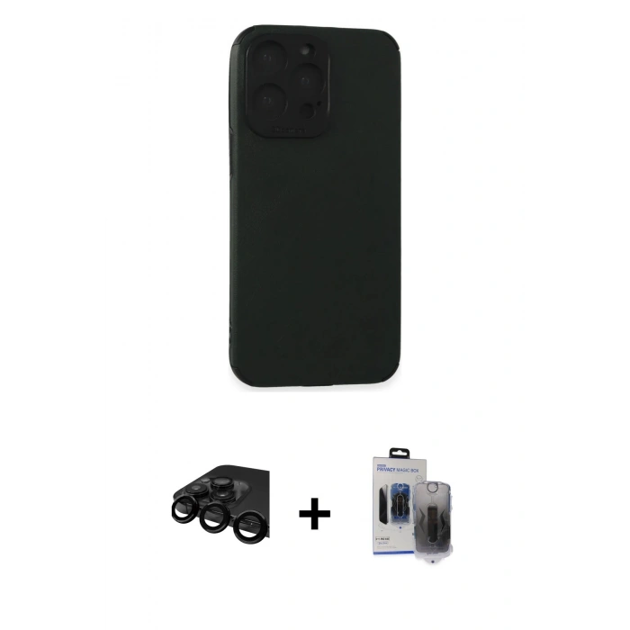 MARSİLYAN™- iPhone 15 Pro Max Kılıf Doruk Asil Koleksiyonu - Siyah Vanessa Magic Hayalet Cam + Siyah Raze Metal Kamera Lens