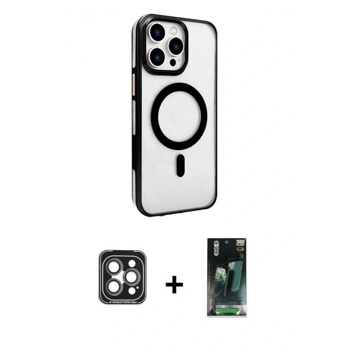 MARSİLYAN™- iPhone 15 Pro Max Kılıf Doruk Doku Özel Seri - Şeffaf 360 Full Body Arka Koruyucu + PVD Metal Kamera Lens - GI