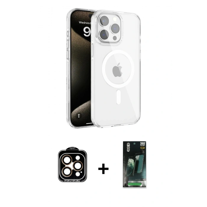 MARSİLYAN™- iPhone 15 Pro Max Kılıf Doruk Doku Özel Seri - Şeffaf 360 Full Body Arka Koruyucu + PVD Metal Kamera Lens - TU