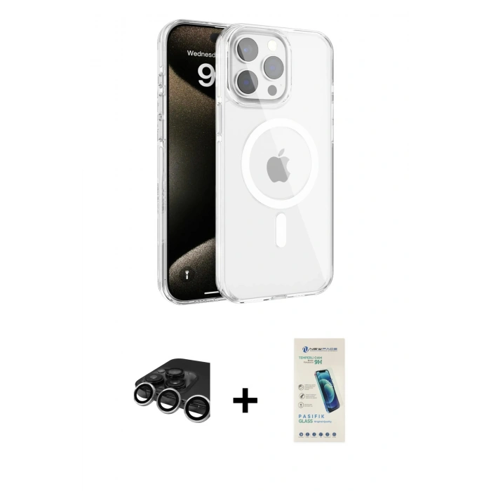 MARSİLYAN™- iPhone 15 Pro Max Kılıf Doruk Doku Özel Seri - Şeffaf Pasifik Cam Ekran Koruyucu + Raze Metal Kamera Lens - GS