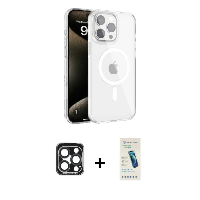 MARSİLYAN™- iPhone 15 Pro Max Kılıf Doruk Doku Özel Seri - Şeffaf Pasifik Cam Ekran Koruyucu + PVD Metal Kamera Lens - LT