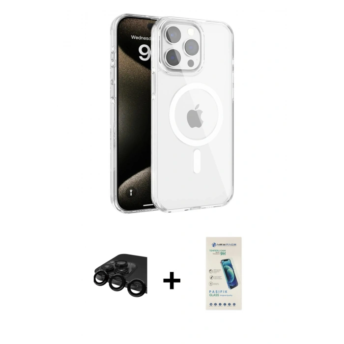 MARSİLYAN™- iPhone 15 Pro Max Kılıf Doruk Doku Özel Seri - Şeffaf Pasifik Cam Ekran Koruyucu + Raze Metal Kamera Lens - SH