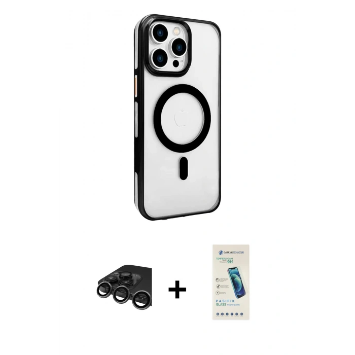 MARSİLYAN™- iPhone 15 Pro Max Kılıf Doruk Doku Özel Seri - Şeffaf Pasifik Cam Ekran Koruyucu + Raze Metal Kamera Lens - TMGI