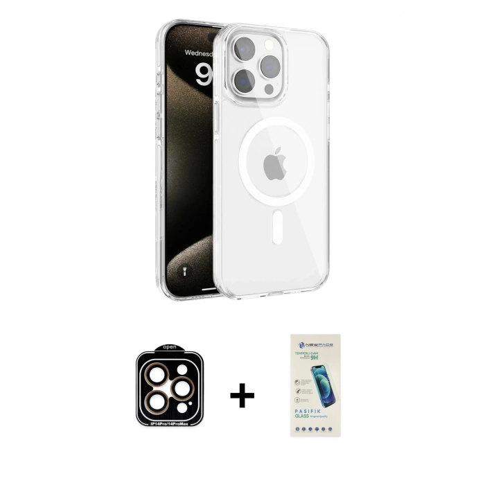 MARSİLYAN™- iPhone 15 Pro Max Kılıf Doruk Doku Özel Seri - Şeffaf Pasifik Cam Ekran Koruyucu + PVD Metal Kamera Lens - TU