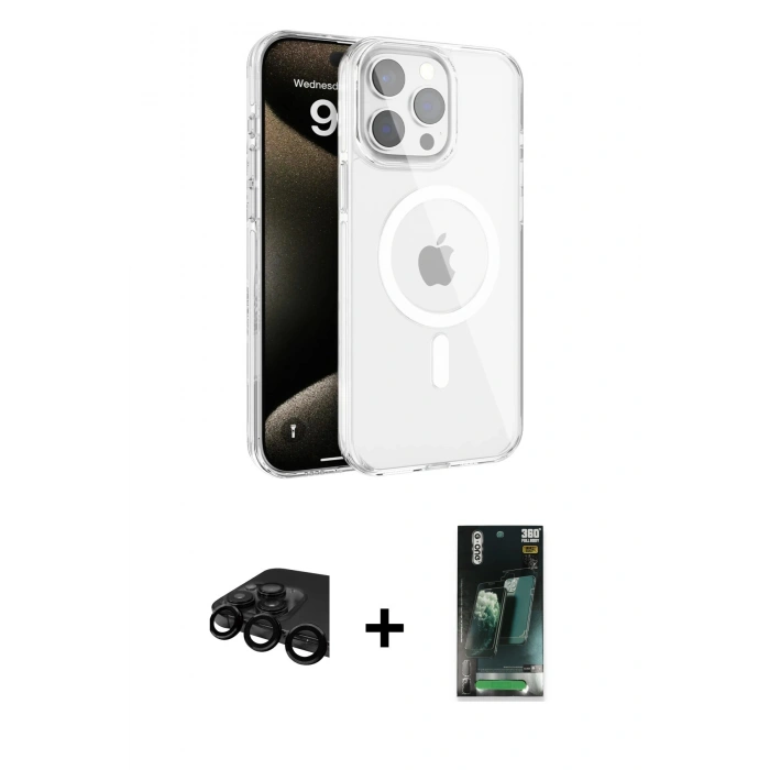 MARSİLYAN™- iPhone 15 Pro Max Kılıf Doruk Doku Özel Seri - Siyah 360 Mat Full Body Arka Koruyucu + Raze Metal Kamera Lens - SH
