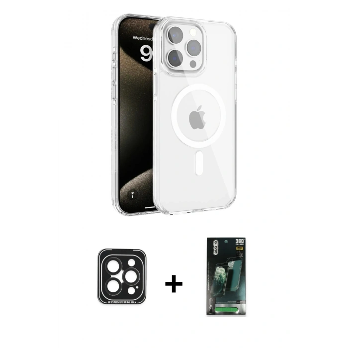 MARSİLYAN™- iPhone 15 Pro Max Kılıf Doruk Doku Özel Seri - Siyah 360 Mat Full Body Arka Koruyucu + PVD Metal Kamera Lens - SH