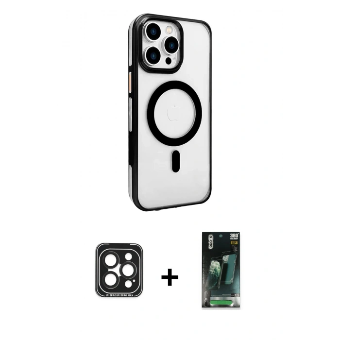 MARSİLYAN™- iPhone 15 Pro Max Kılıf Doruk Doku Özel Seri - Siyah 360 Mat Full Body Arka Koruyucu + PVD Metal Kamera Lens - SH