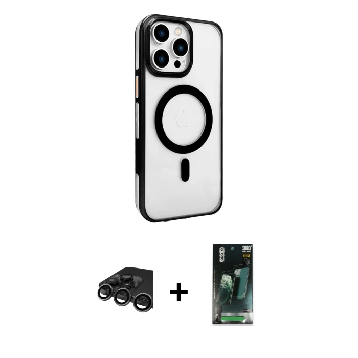 MARSİLYAN™- iPhone 15 Pro Max Kılıf Doruk Doku Özel Seri - Siyah 360 Mat Full Body Arka Koruyucu + Raze Metal Kamera Lens - TMGI