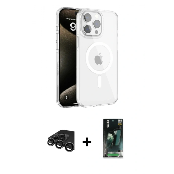 MARSİLYAN™- iPhone 15 Pro Max Kılıf Doruk Doku Özel Seri - Siyah 360 Mat Full Body Arka Koruyucu + Raze Metal Kamera Lens - TMGI