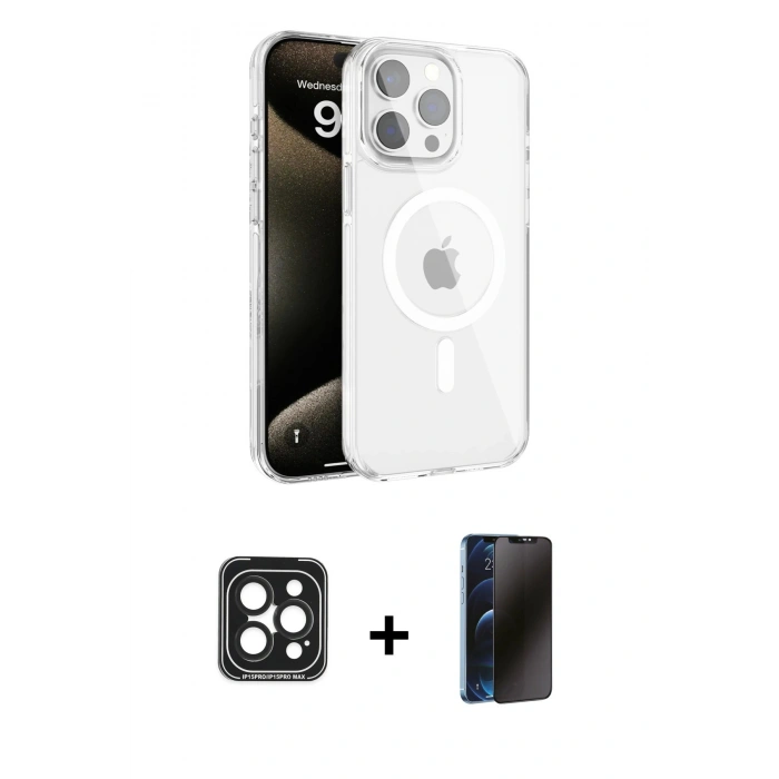 MARSİLYAN™- iPhone 15 Pro Max Kılıf Doruk Doku Özel Seri - Siyah 3D Antistatik Hayalet Cam Ekran Koruyucu + PVD Metal Kamera Lens - SH