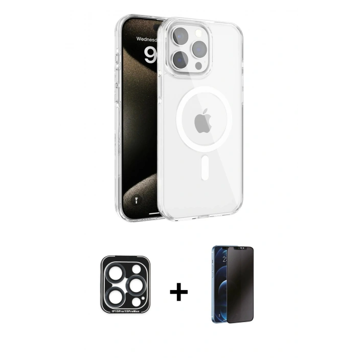 MARSİLYAN™- iPhone 15 Pro Max Kılıf Doruk Doku Özel Seri - Siyah 3D Antistatik Hayalet Cam Ekran Koruyucu + PVD Metal Kamera Lens - LT