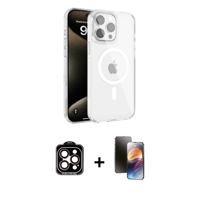 MARSİLYAN™- iPhone 15 Pro Max Kılıf Doruk Doku Özel Seri - Siyah 3D Antistatik Mat Seramik Nano Ekran Koruyucu + PVD Metal Kamera Lens - TU