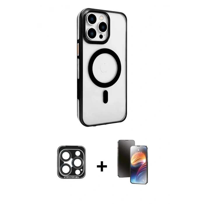 MARSİLYAN™- iPhone 15 Pro Max Kılıf Doruk Doku Özel Seri - Siyah 3D Antistatik Mat Seramik Nano Ekran Koruyucu + PVD Metal Kamera Lens - LT