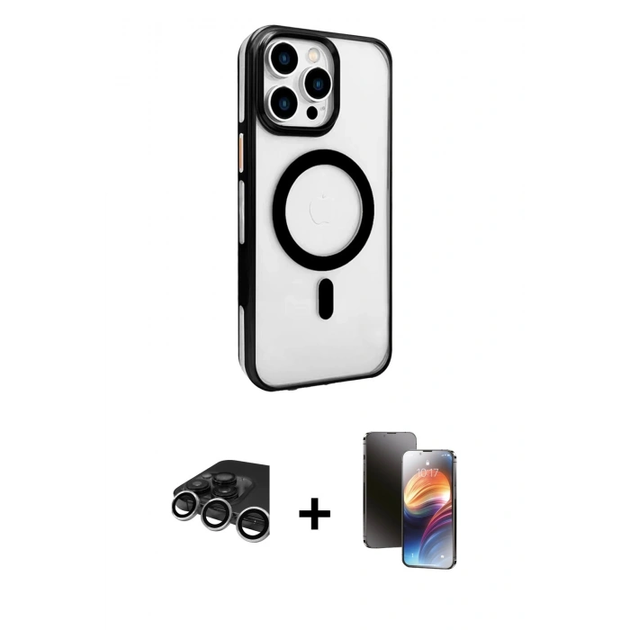 MARSİLYAN™- iPhone 15 Pro Max Kılıf Doruk Doku Özel Seri - Siyah 3D Antistatik Mat Seramik Nano Ekran Koruyucu + Raze Metal Kamera Lens - GS