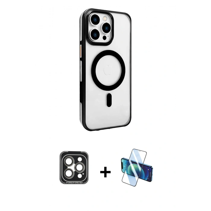 MARSİLYAN™- iPhone 15 Pro Max Kılıf Doruk Doku Özel Seri - Siyah 3D Antistatik Seramik Nano Ekran Koruyucu + PVD Metal Kamera Lens - GI