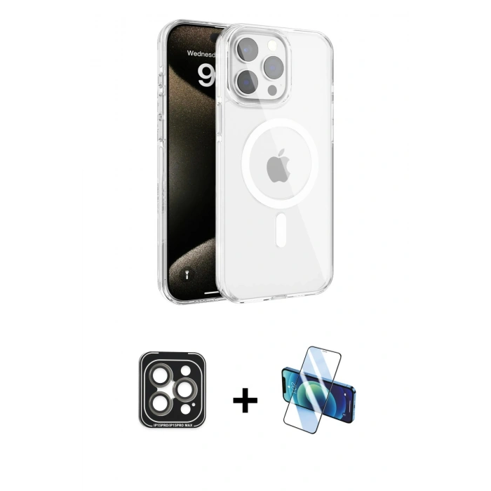 MARSİLYAN™- iPhone 15 Pro Max Kılıf Doruk Doku Özel Seri - Siyah 3D Antistatik Seramik Nano Ekran Koruyucu + PVD Metal Kamera Lens - GI