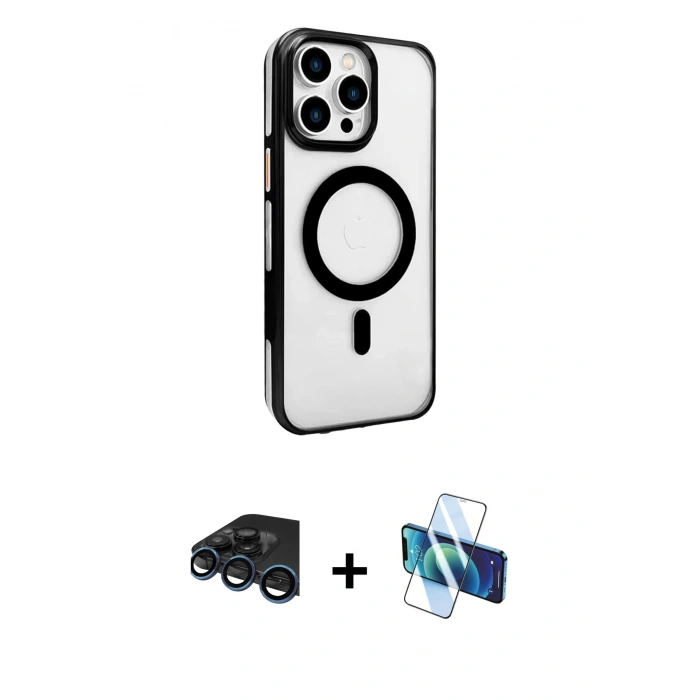 MARSİLYAN™- iPhone 15 Pro Max Kılıf Doruk Doku Özel Seri - Siyah 3D Antistatik Seramik Nano Ekran Koruyucu + Raze Metal Kamera Lens - LT