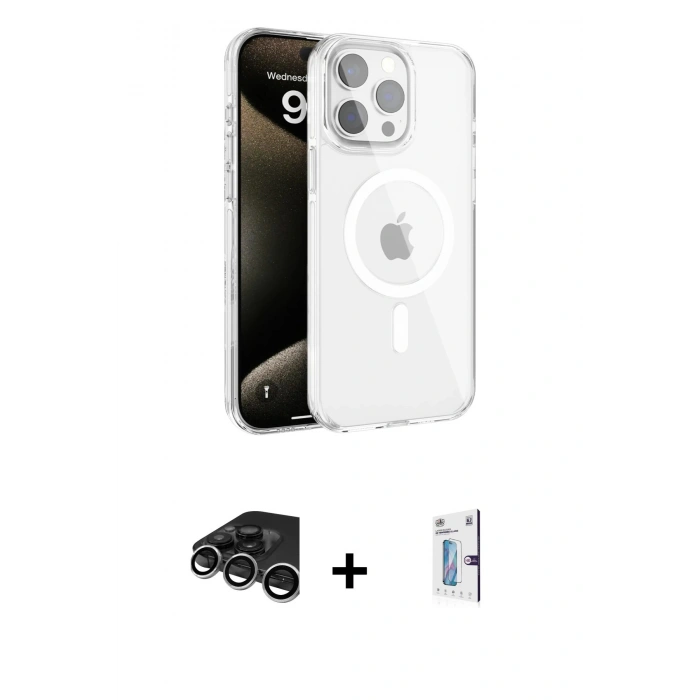 MARSİLYAN™- iPhone 15 Pro Max Kılıf Doruk Doku Özel Seri - Siyah Bilvis 0.18mm Plus Cam Ekran Koruyucu + Gümüş Raze Metal Kamera Lens