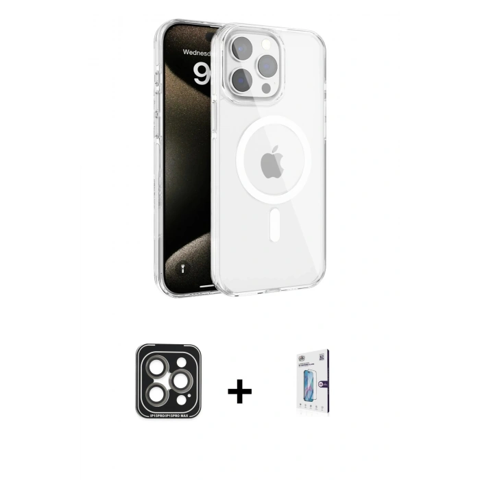 MARSİLYAN™- iPhone 15 Pro Max Kılıf Doruk Doku Özel Seri - Siyah Bilvis 0.18mm Plus Cam Ekran Koruyucu + PVD Metal Kamera Lens - GI