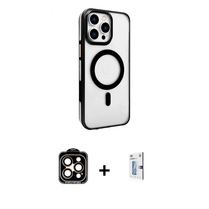 MARSİLYAN™- iPhone 15 Pro Max Kılıf Doruk Doku Özel Seri - Siyah Bilvis 0.18mm Plus Cam Ekran Koruyucu + PVD Metal Kamera Lens - TU