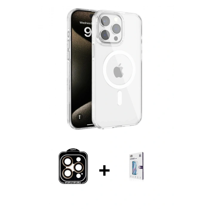 MARSİLYAN™- iPhone 15 Pro Max Kılıf Doruk Doku Özel Seri - Siyah Bilvis 0.18mm Plus Cam Ekran Koruyucu + PVD Metal Kamera Lens - TU
