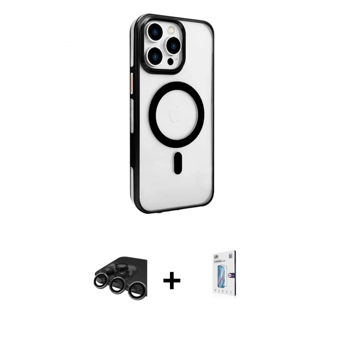MARSİLYAN™- iPhone 15 Pro Max Kılıf Doruk Doku Özel Seri - Siyah Bilvis 0.18mm Plus Cam Ekran Koruyucu + Raze Metal Kamera Lens - TMGI