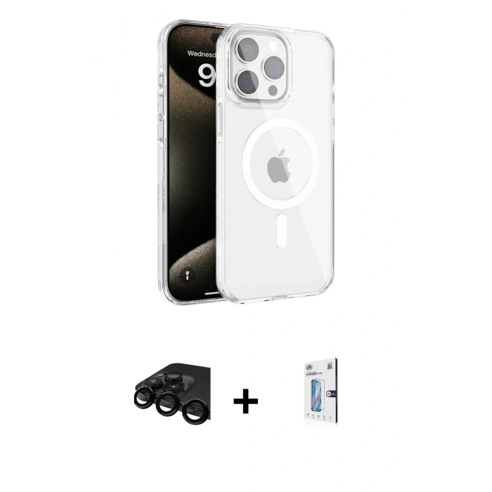 MARSİLYAN™- iPhone 15 Pro Max Kılıf Doruk Doku Özel Seri - Siyah Bilvis 0.18mm Plus Cam Ekran Koruyucu + Raze Metal Kamera Lens - SH
