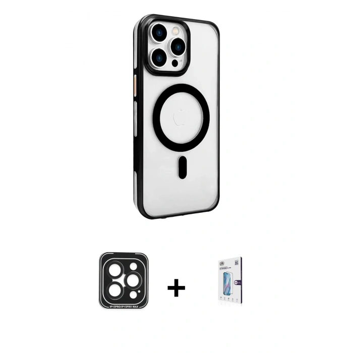 MARSİLYAN™- iPhone 15 Pro Max Kılıf Doruk Doku Özel Seri - Siyah Bilvis 0.18mm Plus Cam Ekran Koruyucu + PVD Metal Kamera Lens - SH
