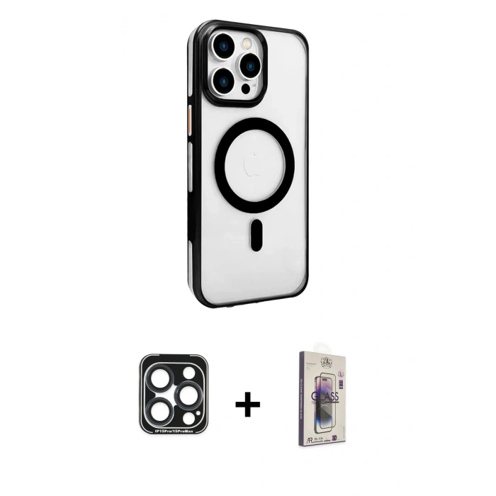 MARSİLYAN™- iPhone 15 Pro Max Kılıf Doruk Doku Özel Seri - Siyah Bilvis 3D Cam Ekran Koruyucu + PVD Metal Kamera Lens - LT