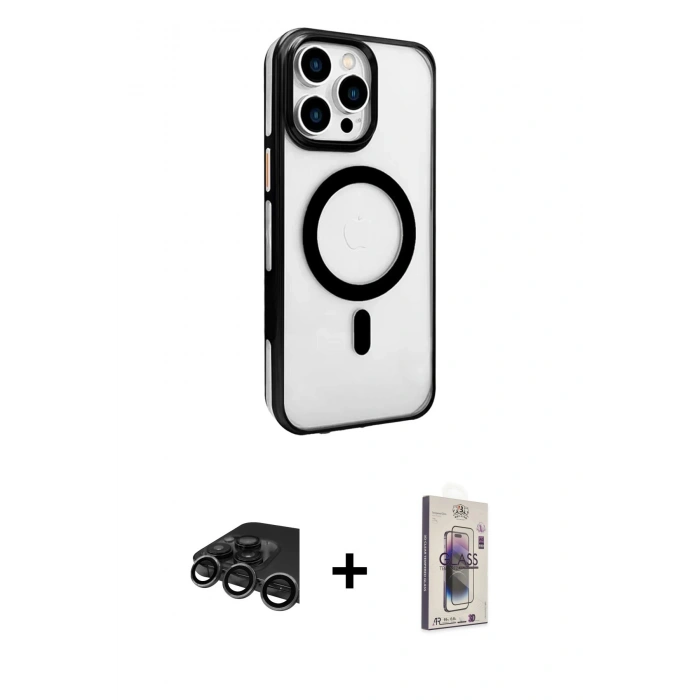 MARSİLYAN™- iPhone 15 Pro Max Kılıf Doruk Doku Özel Seri - Siyah Bilvis 3D Cam Ekran Koruyucu + Raze Metal Kamera Lens - TMGI