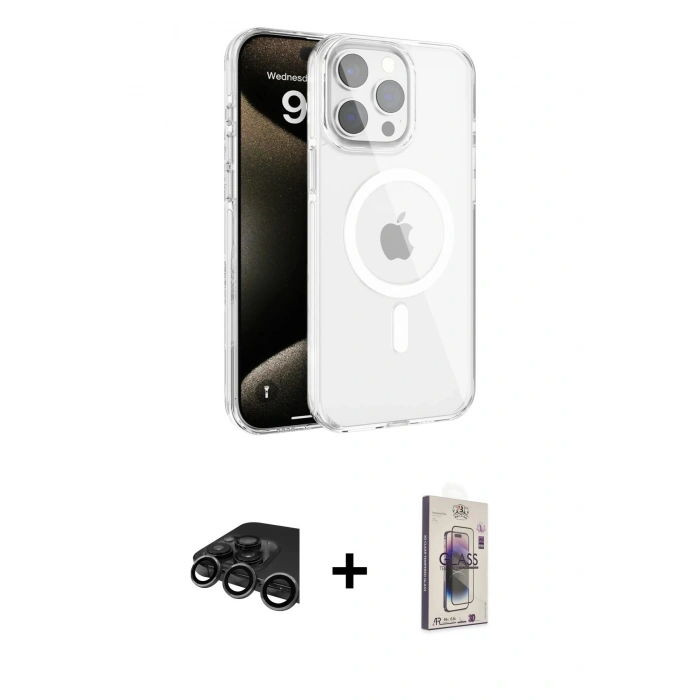 MARSİLYAN™- iPhone 15 Pro Max Kılıf Doruk Doku Özel Seri - Siyah Bilvis 3D Cam Ekran Koruyucu + Raze Metal Kamera Lens - TMGI
