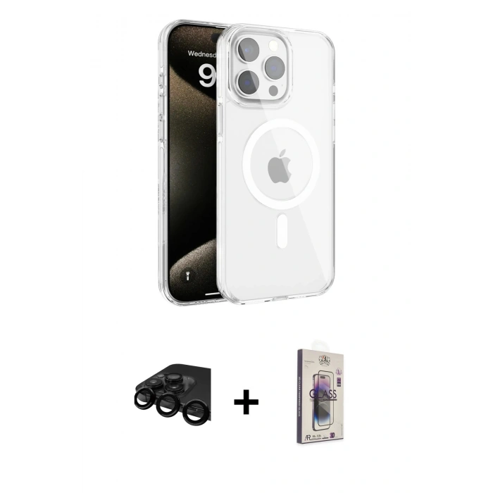 MARSİLYAN™- iPhone 15 Pro Max Kılıf Doruk Doku Özel Seri - Siyah Bilvis 3D Cam Ekran Koruyucu + Raze Metal Kamera Lens - SH