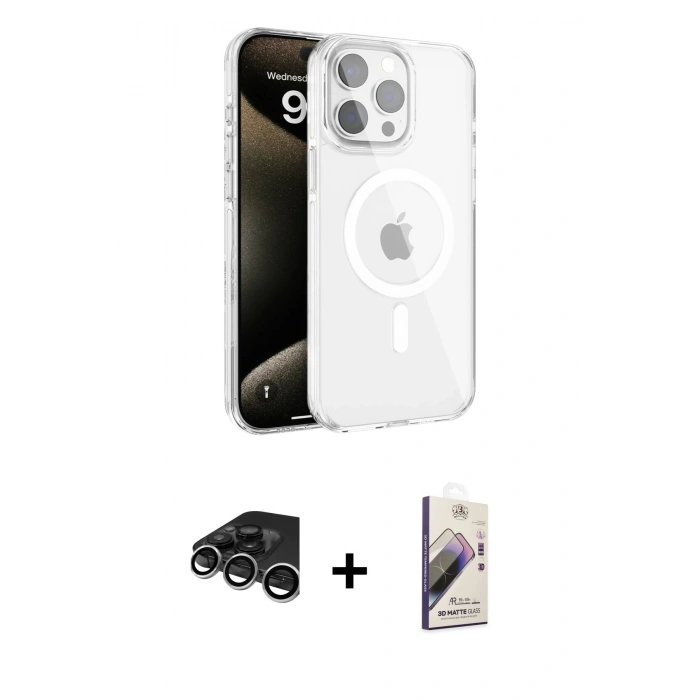 MARSİLYAN™- iPhone 15 Pro Max Kılıf Doruk Doku Özel Seri - Siyah Bilvis 3D Mat Cam Ekran Koruyucu + Raze Metal Kamera Lens - GS