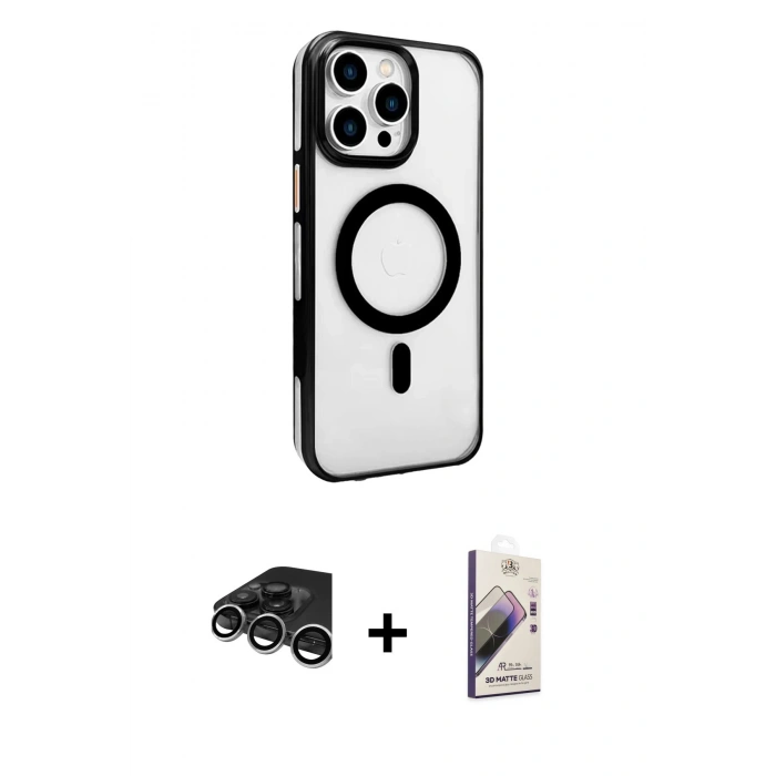 MARSİLYAN™- iPhone 15 Pro Max Kılıf Doruk Doku Özel Seri - Siyah Bilvis 3D Mat Cam Ekran Koruyucu + Raze Metal Kamera Lens - GS