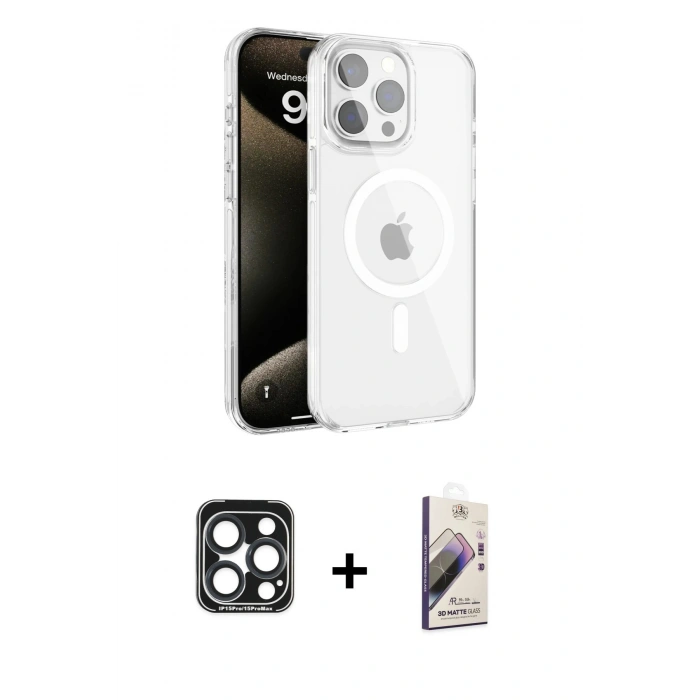MARSİLYAN™- iPhone 15 Pro Max Kılıf Doruk Doku Özel Seri - Siyah Bilvis 3D Mat Cam Ekran Koruyucu + PVD Metal Kamera Lens - LT