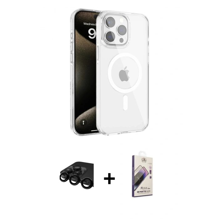 MARSİLYAN™- iPhone 15 Pro Max Kılıf Doruk Doku Özel Seri - Siyah Bilvis 3D Mat Cam Ekran Koruyucu + Raze Metal Kamera Lens - SH