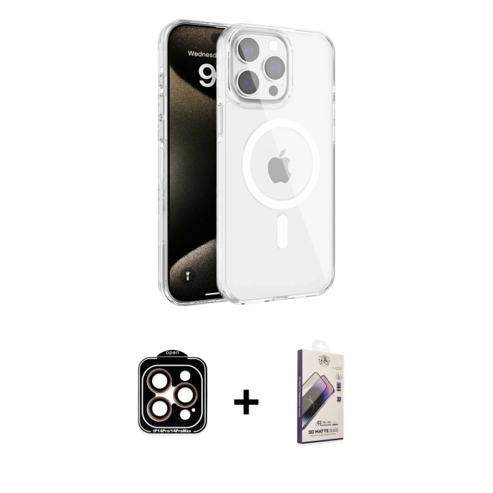 MARSİLYAN™- iPhone 15 Pro Max Kılıf Doruk Doku Özel Seri - Siyah Bilvis 3D Mat Cam Ekran Koruyucu + PVD Metal Kamera Lens - TU