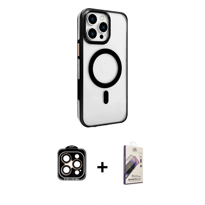 MARSİLYAN™- iPhone 15 Pro Max Kılıf Doruk Doku Özel Seri - Siyah Bilvis 3D Mat Cam Ekran Koruyucu + PVD Metal Kamera Lens - TU