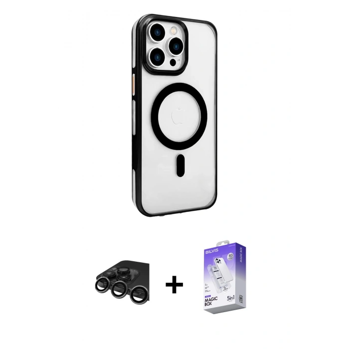 MARSİLYAN™- iPhone 15 Pro Max Kılıf Doruk Doku Özel Seri - Siyah Bilvis 5in1 3D Magic Cam Ekran Koruyucu + Titanyum Gri Raze Metal Kamera Lens
