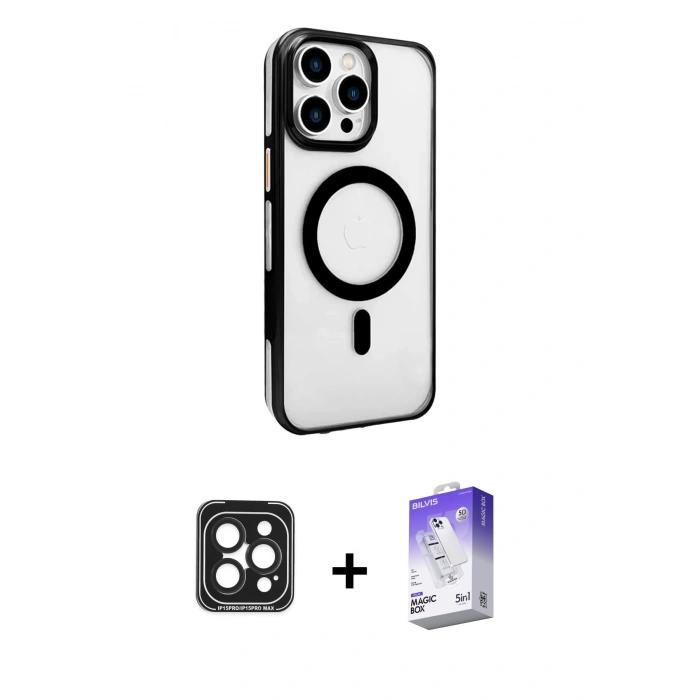 MARSİLYAN™- iPhone 15 Pro Max Kılıf Doruk Doku Özel Seri - Siyah Bilvis 5in1 3D Magic Cam Ekran Koruyucu + Siyah PVD Metal Kamera Lens