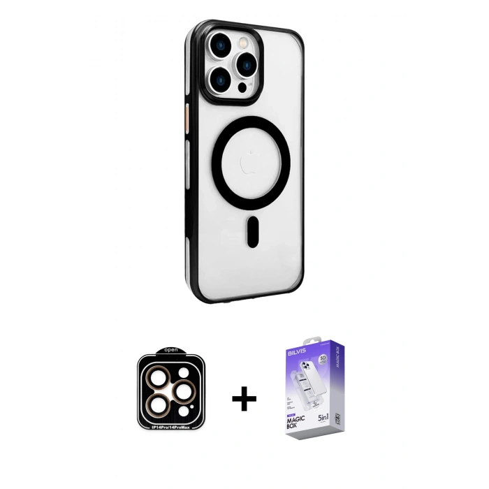 MARSİLYAN™- iPhone 15 Pro Max Kılıf Doruk Doku Özel Seri - Siyah Bilvis 5in1 3D Magic Cam Ekran Koruyucu + PVD Metal Kamera Lens - TU