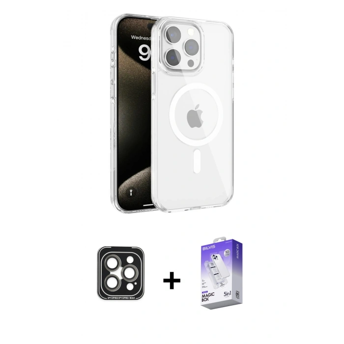 MARSİLYAN™- iPhone 15 Pro Max Kılıf Doruk Doku Özel Seri - Siyah Bilvis 5in1 3D Magic Cam Ekran Koruyucu + PVD Metal Kamera Lens - GI