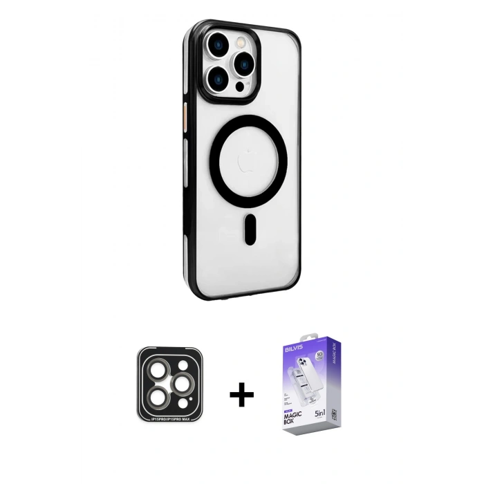 MARSİLYAN™- iPhone 15 Pro Max Kılıf Doruk Doku Özel Seri - Siyah Bilvis 5in1 3D Magic Cam Ekran Koruyucu + PVD Metal Kamera Lens - GI